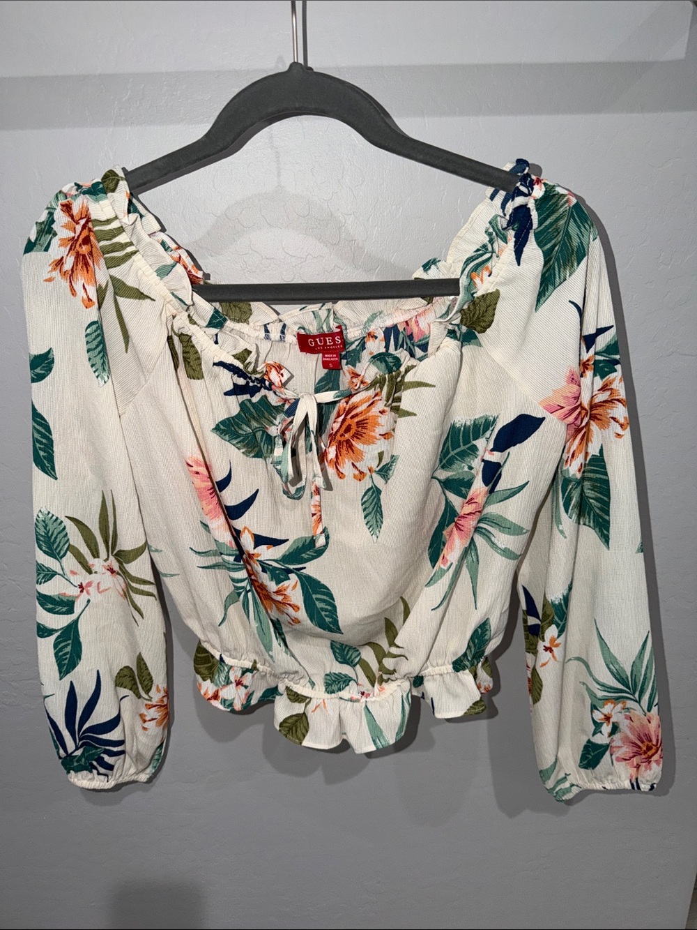GUESS White Floral Off-Shoulder Crop Top